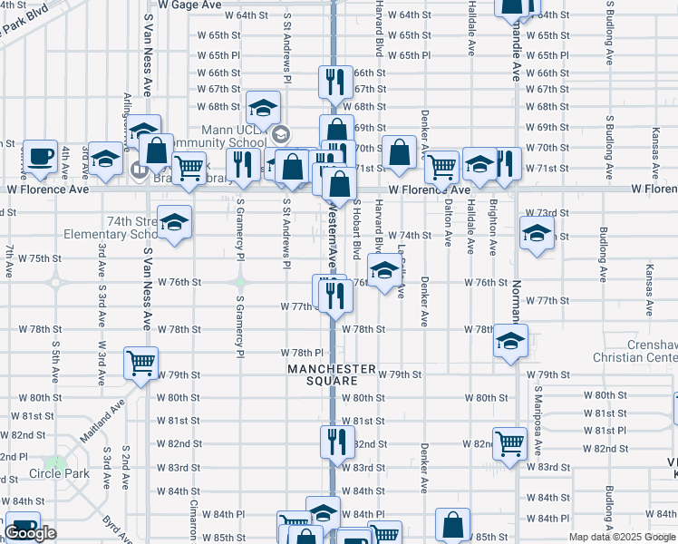 map of restaurants, bars, coffee shops, grocery stores, and more near 7427 South Hobart Boulevard in Los Angeles
