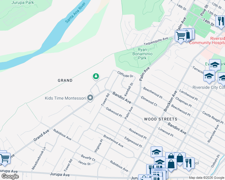map of restaurants, bars, coffee shops, grocery stores, and more near 5325 Tower Road in Riverside