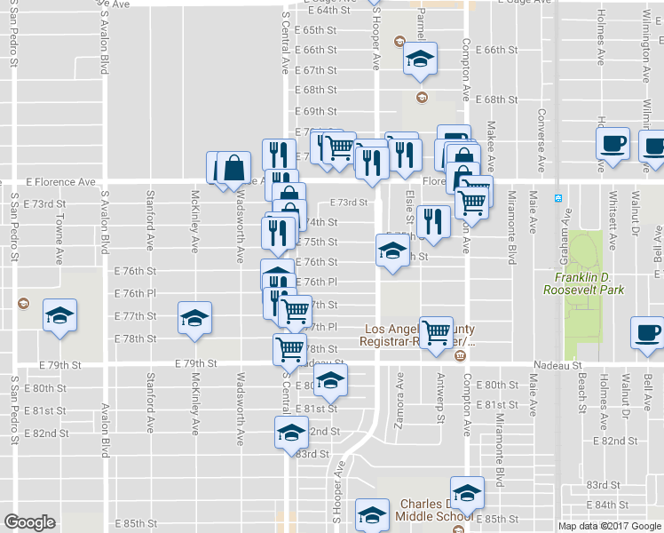 map of restaurants, bars, coffee shops, grocery stores, and more near 1202 East 76th Street in Los Angeles