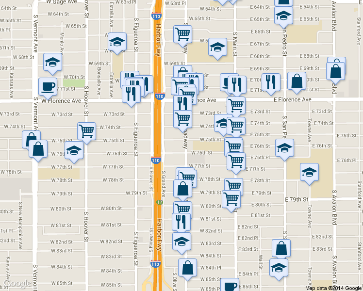 map of restaurants, bars, coffee shops, grocery stores, and more near 7511 South Broadway in Los Angeles