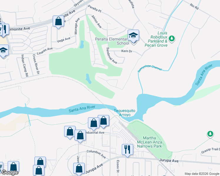 map of restaurants, bars, coffee shops, grocery stores, and more near 6566 Avenue Juan Diaz in Riverside