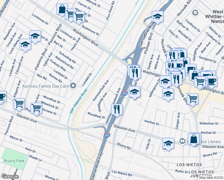 map of restaurants, bars, coffee shops, grocery stores, and more near 8136 Shadyside Avenue in Whittier