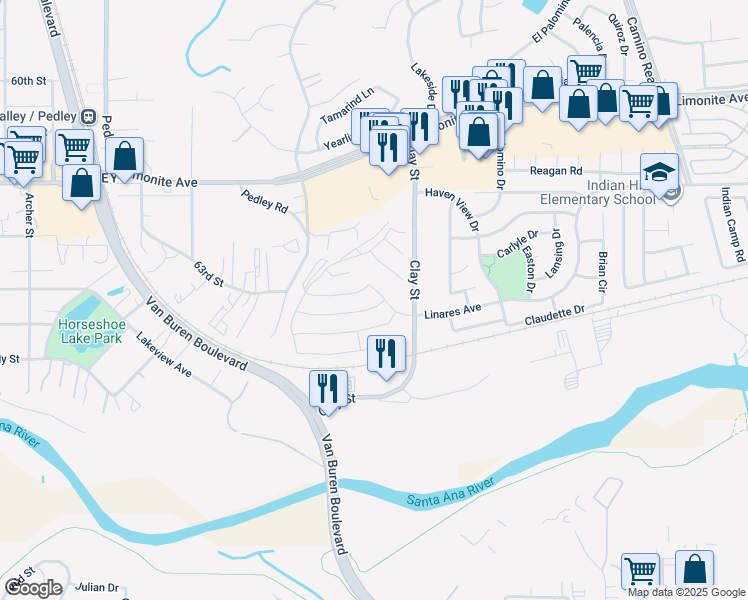 map of restaurants, bars, coffee shops, grocery stores, and more near 8175 Perada Street in Jurupa Valley
