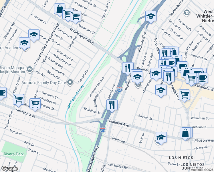 map of restaurants, bars, coffee shops, grocery stores, and more near 8136 Shadyside Avenue in Whittier