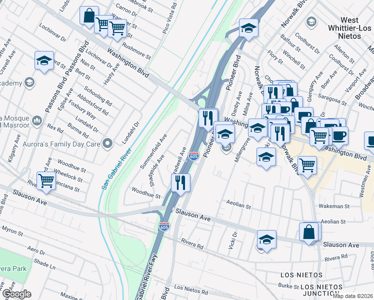 map of restaurants, bars, coffee shops, grocery stores, and more near 8136 Bradwell Avenue in Whittier