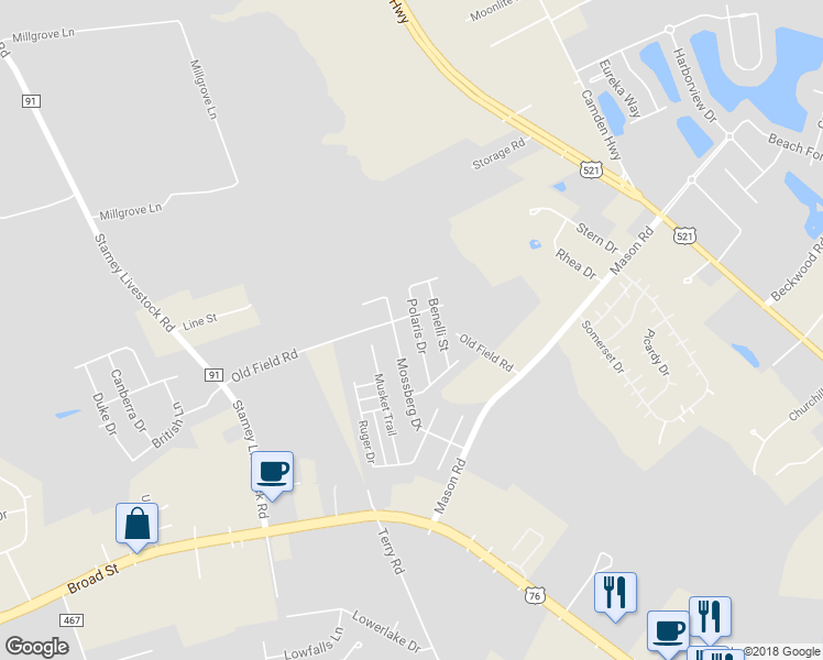 map of restaurants, bars, coffee shops, grocery stores, and more near 1778 Polaris Drive in Sumter