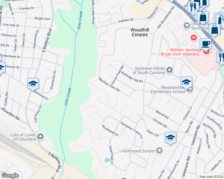 map of restaurants, bars, coffee shops, grocery stores, and more near 6101 Marthas Glen Road in Columbia