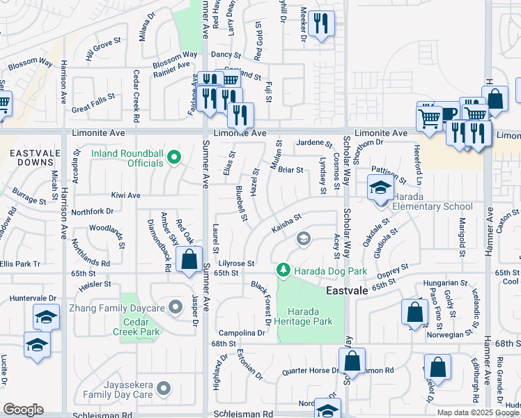 map of restaurants, bars, coffee shops, grocery stores, and more near 6373 Hazel Street in Corona