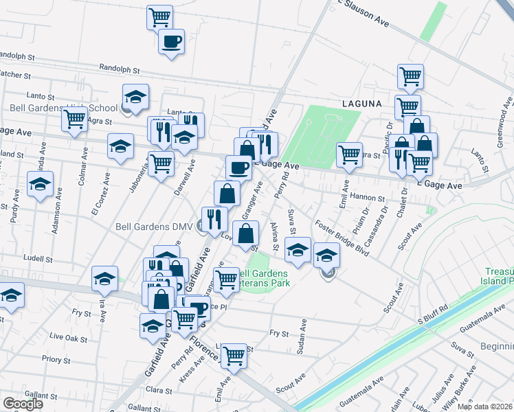 map of restaurants, bars, coffee shops, grocery stores, and more near 6656 Granger Avenue in Bell Gardens
