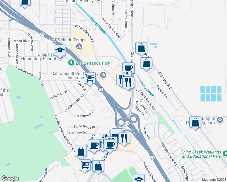 map of restaurants, bars, coffee shops, grocery stores, and more near 15345 Fairfield Ranch Road in Chino Hills