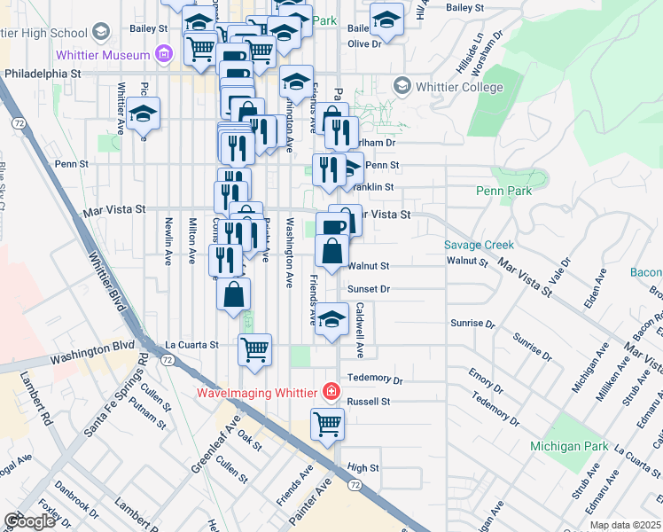 map of restaurants, bars, coffee shops, grocery stores, and more near 7711 Painter Avenue in Whittier