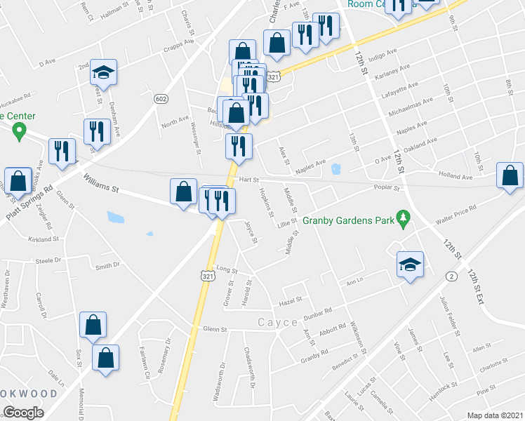 map of restaurants, bars, coffee shops, grocery stores, and more near 1528 Hopkins Street in Cayce