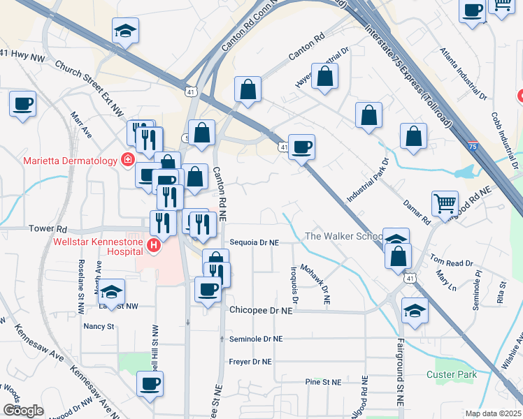 map of restaurants, bars, coffee shops, grocery stores, and more near 830 Caldwell Circle in Marietta
