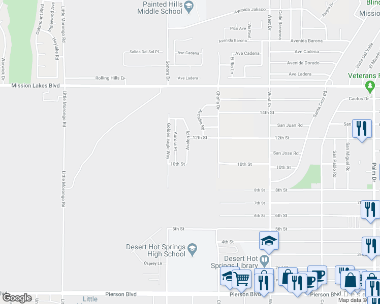 map of restaurants, bars, coffee shops, grocery stores, and more near 10610 Avalon Place in Desert Hot Springs