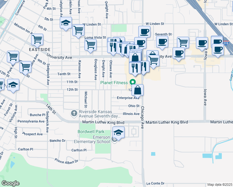 map of restaurants, bars, coffee shops, grocery stores, and more near 1883 12th Street in Riverside