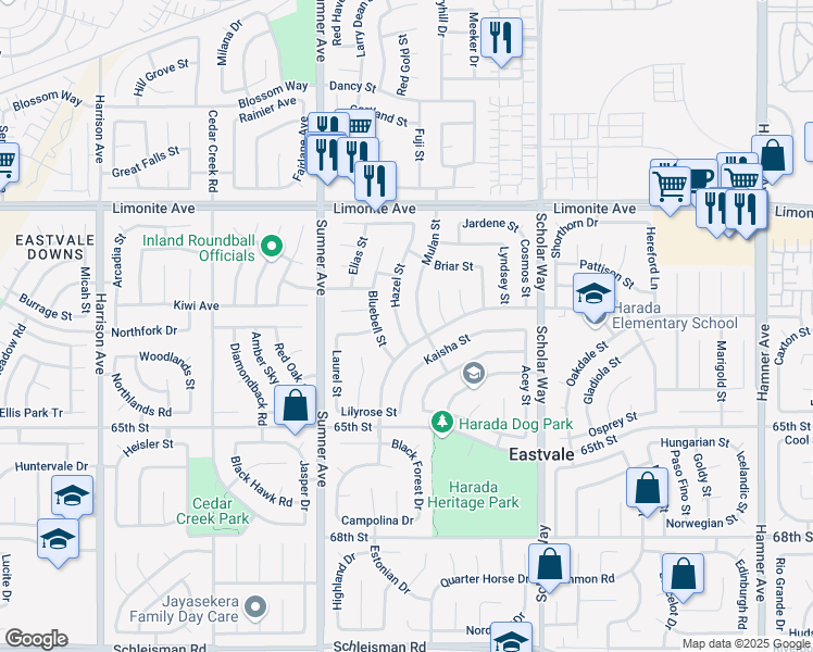 map of restaurants, bars, coffee shops, grocery stores, and more near 6373 Hazel Street in Corona