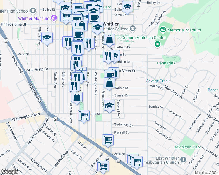 map of restaurants, bars, coffee shops, grocery stores, and more near 13325 Walnut Street in Whittier