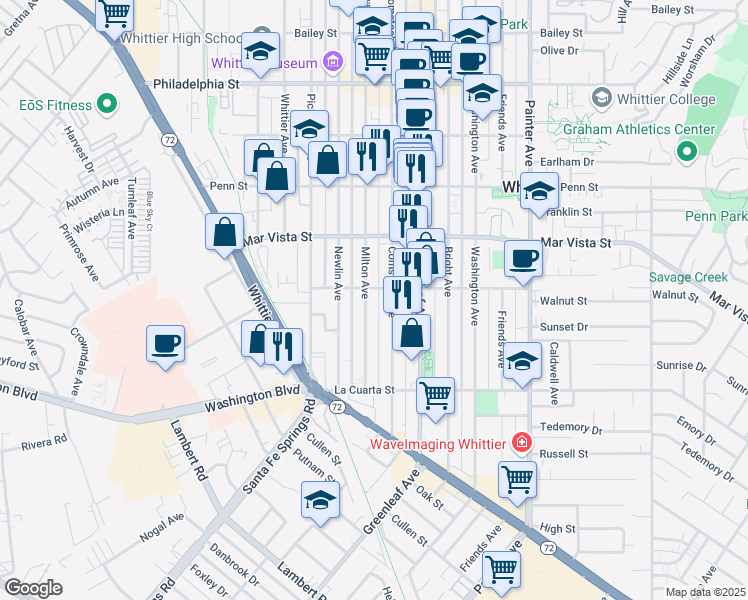 map of restaurants, bars, coffee shops, grocery stores, and more near 7668 Milton Avenue in Whittier