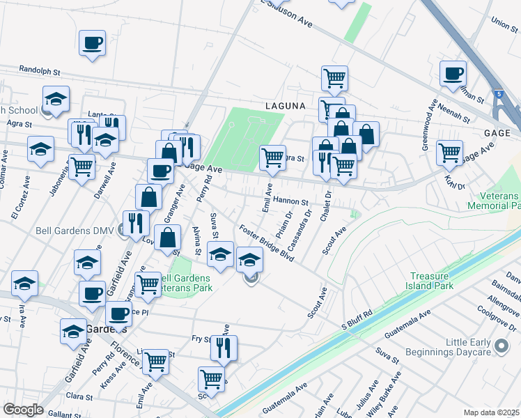 map of restaurants, bars, coffee shops, grocery stores, and more near 6612 Hannon Street in Bell Gardens