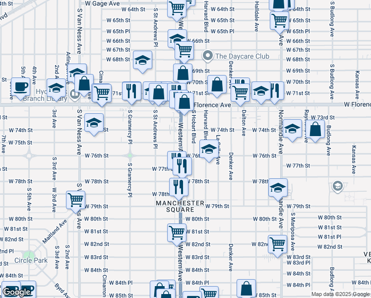 map of restaurants, bars, coffee shops, grocery stores, and more near 7427 South Hobart Boulevard in Los Angeles