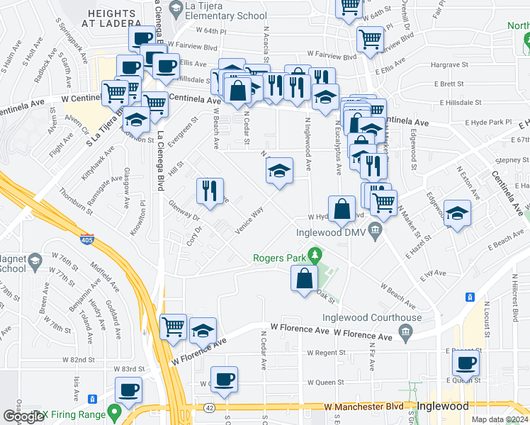 map of restaurants, bars, coffee shops, grocery stores, and more near 502 Venice Way in Inglewood