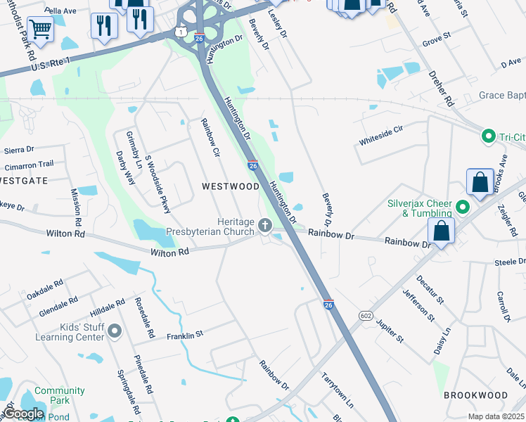 map of restaurants, bars, coffee shops, grocery stores, and more near 525 Dawn Drive in West Columbia