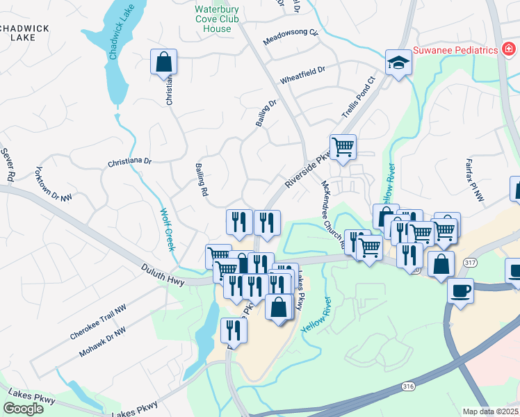 map of restaurants, bars, coffee shops, grocery stores, and more near 1131 Bailing Drive in Lawrenceville