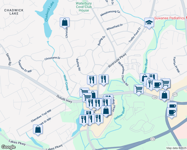map of restaurants, bars, coffee shops, grocery stores, and more near 1152 Bailing Drive in Lawrenceville