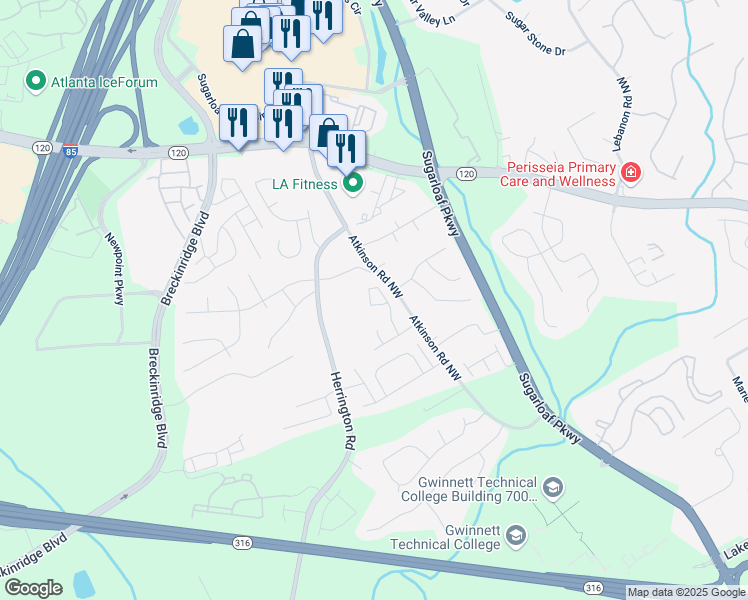 map of restaurants, bars, coffee shops, grocery stores, and more near 1952 Thomas Pointe Trace in Lawrenceville