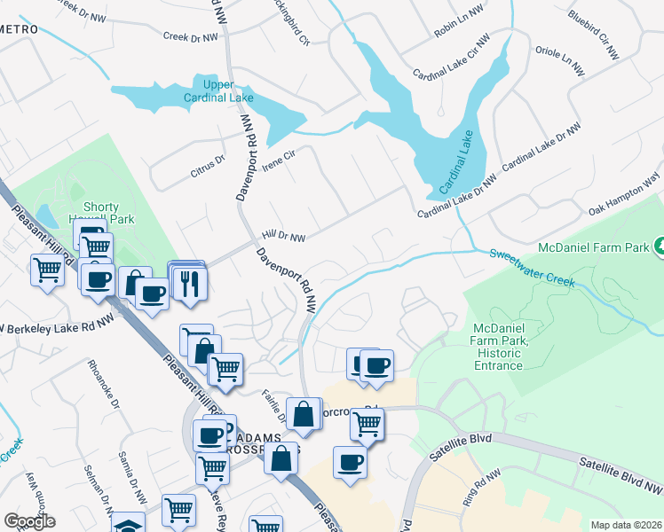 map of restaurants, bars, coffee shops, grocery stores, and more near 2575 Davenport Park Drive in Duluth