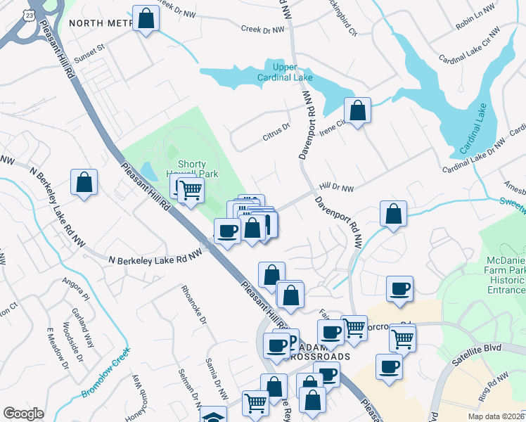 map of restaurants, bars, coffee shops, grocery stores, and more near 3595 Hill Drive Northwest in Duluth