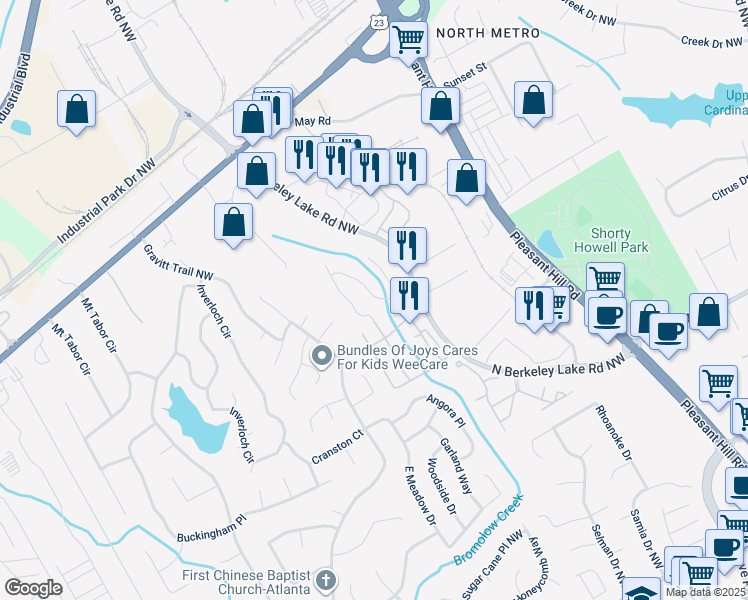 map of restaurants, bars, coffee shops, grocery stores, and more near 3971 Howell Park Road in Duluth