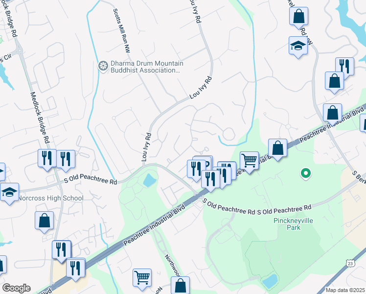 map of restaurants, bars, coffee shops, grocery stores, and more near 4915 Avocet Drive Northwest in Norcross