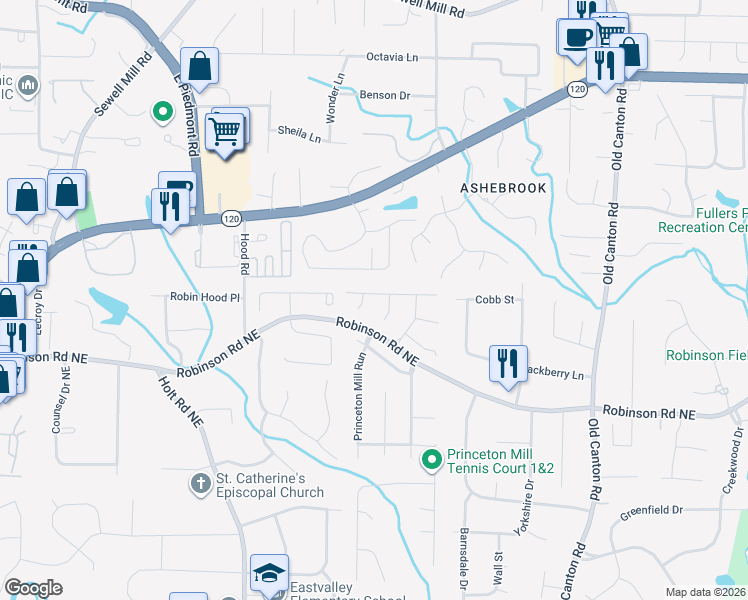 map of restaurants, bars, coffee shops, grocery stores, and more near 2587 Grist Mill Road in Marietta