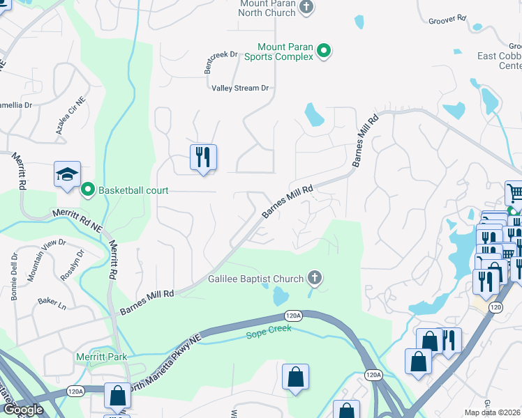 map of restaurants, bars, coffee shops, grocery stores, and more near 1515 Cedar Bluff Trail in Marietta