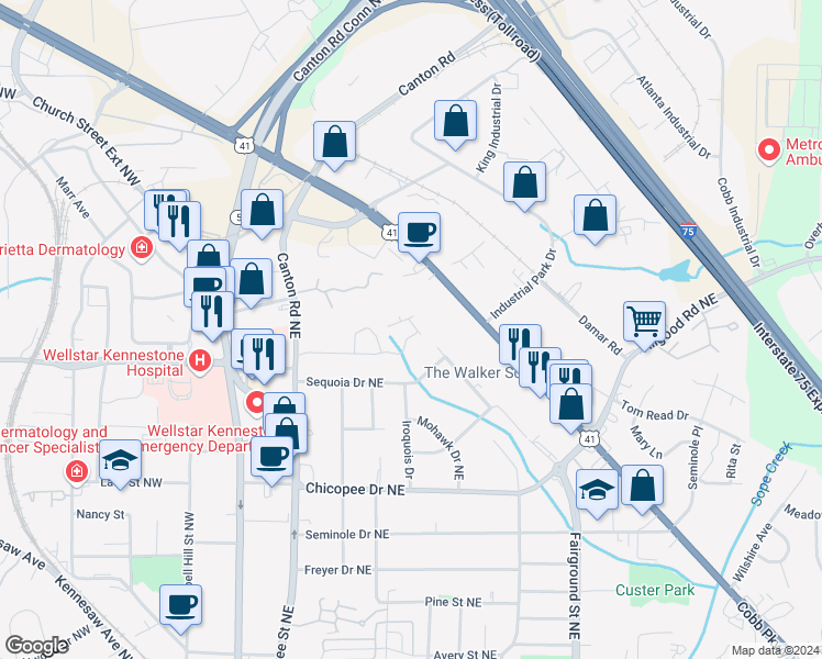 map of restaurants, bars, coffee shops, grocery stores, and more near 871 Dunning Street in Marietta