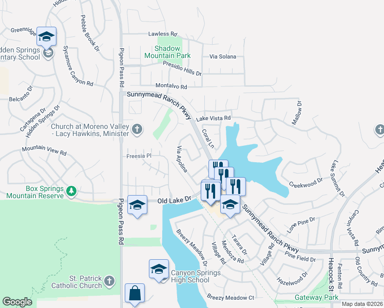 map of restaurants, bars, coffee shops, grocery stores, and more near 10302 Vía Pastoral in Moreno Valley