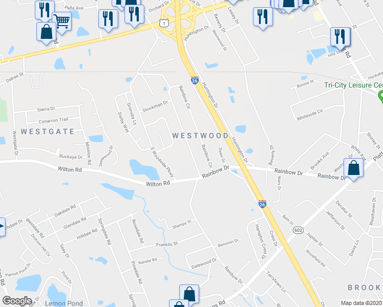 map of restaurants, bars, coffee shops, grocery stores, and more near 588 Rainbow Circle in West Columbia