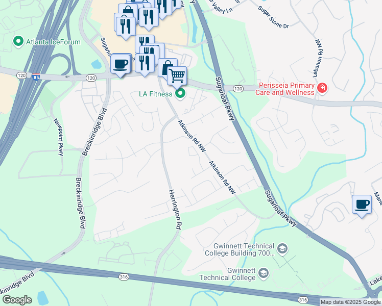 map of restaurants, bars, coffee shops, grocery stores, and more near 1952 Thomas Pointe Trace in Lawrenceville