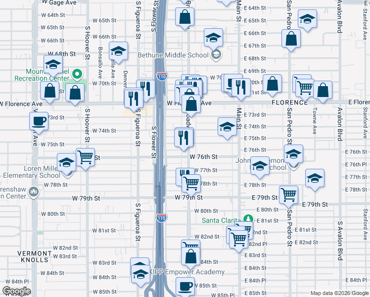 map of restaurants, bars, coffee shops, grocery stores, and more near 7511 South Broadway in Los Angeles