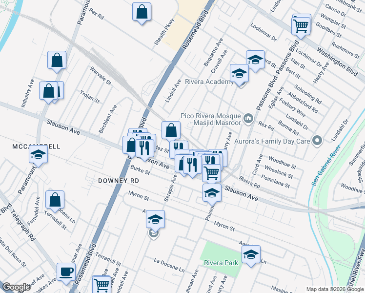 map of restaurants, bars, coffee shops, grocery stores, and more near 7601-7699 Perkins Street in Pico Rivera