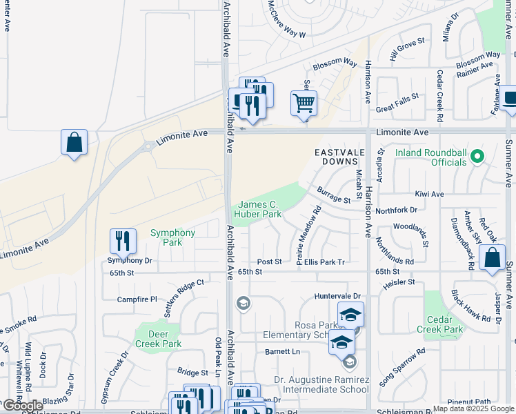 map of restaurants, bars, coffee shops, grocery stores, and more near 6411 Rolling Meadow Street in Eastvale