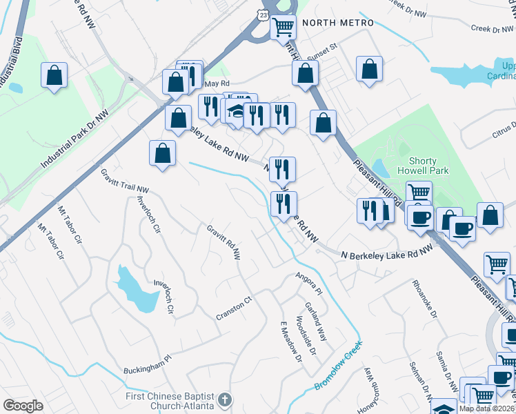 map of restaurants, bars, coffee shops, grocery stores, and more near 3971 Howell Park Road in Duluth