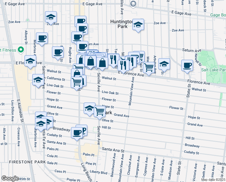 map of restaurants, bars, coffee shops, grocery stores, and more near 2749 Live Oak Street in Walnut Park