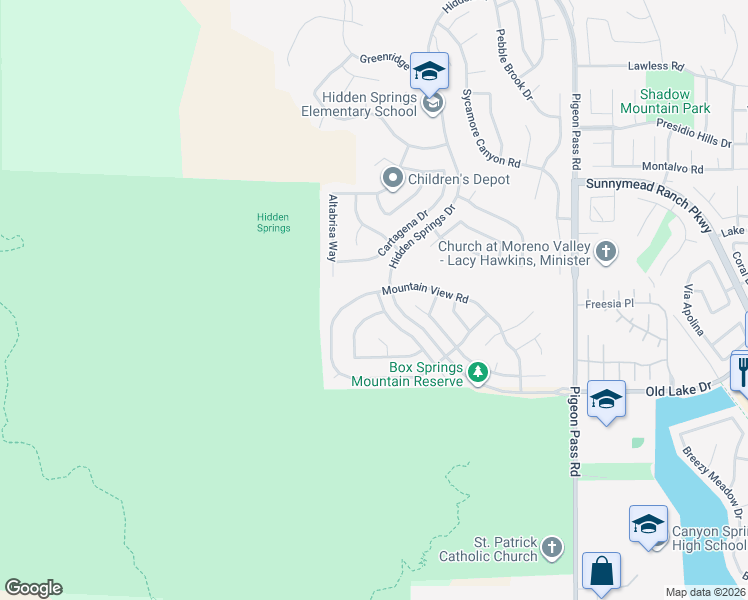 map of restaurants, bars, coffee shops, grocery stores, and more near 22527 Mountain View Road in Moreno Valley