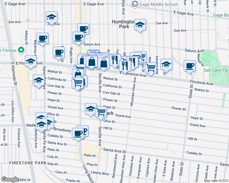 map of restaurants, bars, coffee shops, grocery stores, and more near 2749 Live Oak Street in Walnut Park