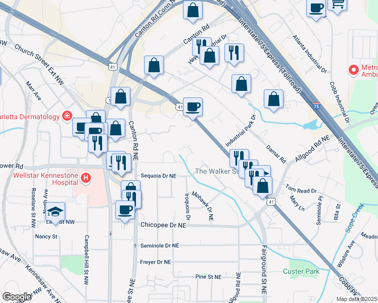 map of restaurants, bars, coffee shops, grocery stores, and more near 871 Dunning Street in Marietta
