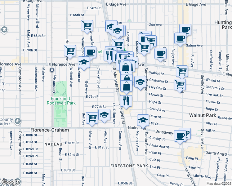map of restaurants, bars, coffee shops, grocery stores, and more near 2078 East 76th Street in Los Angeles