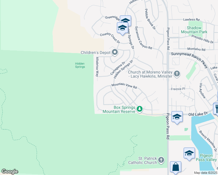 map of restaurants, bars, coffee shops, grocery stores, and more near 22527 Mountain View Road in Moreno Valley