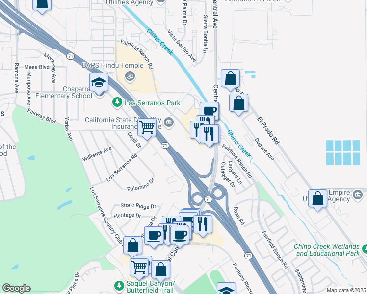 map of restaurants, bars, coffee shops, grocery stores, and more near 15345 Fairfield Ranch Road in Chino Hills